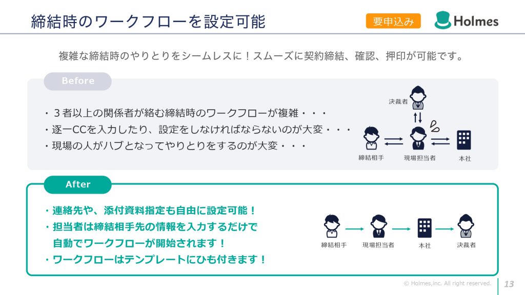 複雑な締結時のやりとりをシームレスに！スムーズに契約締結、確認、押印が可能です。