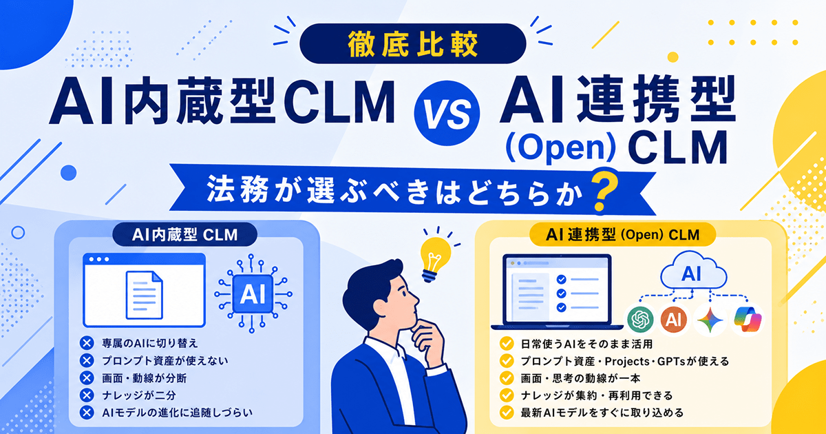 AI内蔵型CLM vs AI連携型（Open）CLM 徹底比較｜法務が選ぶべきはどちらか